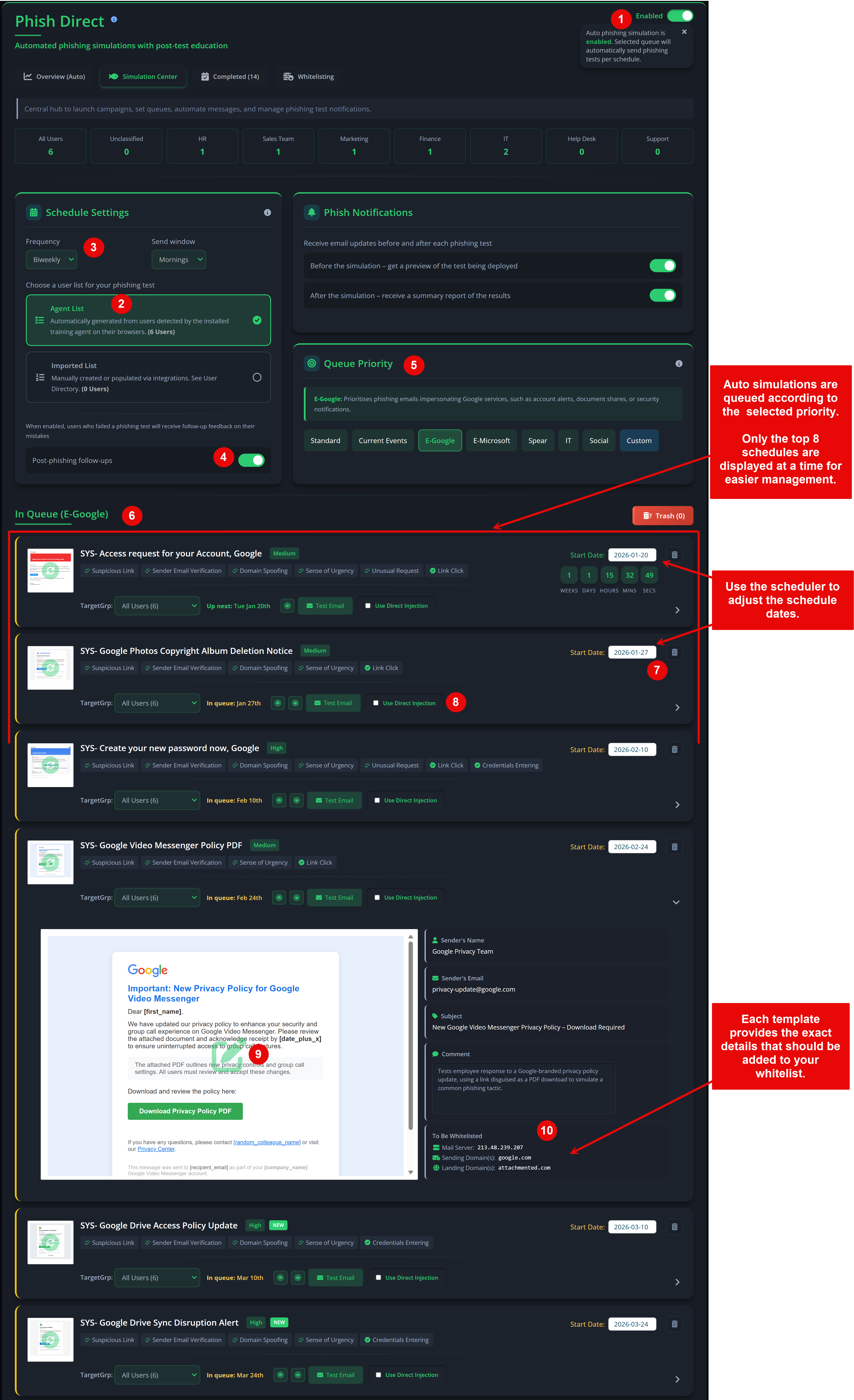 Simulation Center showing auto‑phishing configuration