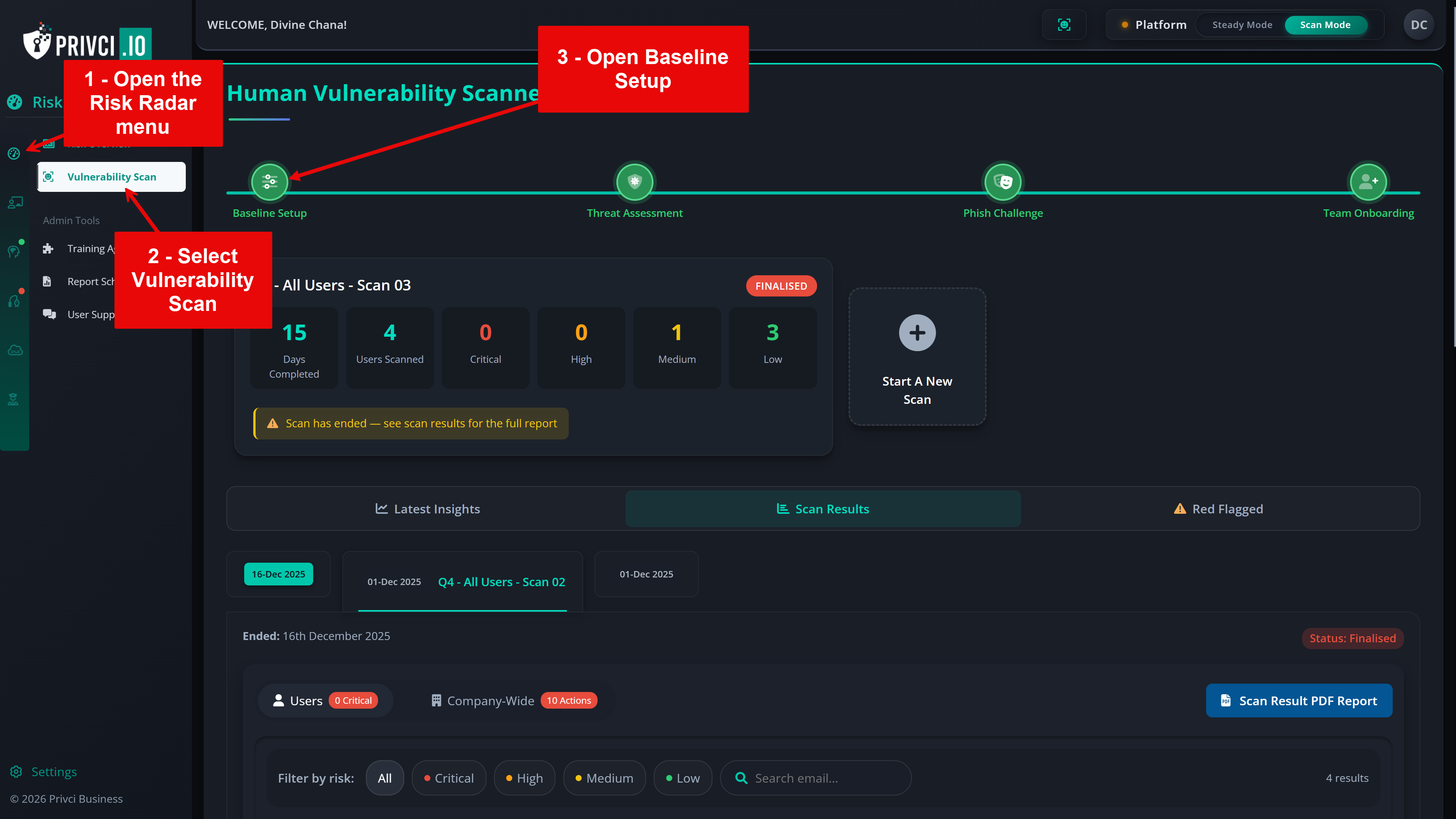 Initial Setup & Configuration page showing Baseline, Threat, Phish, and Team settings